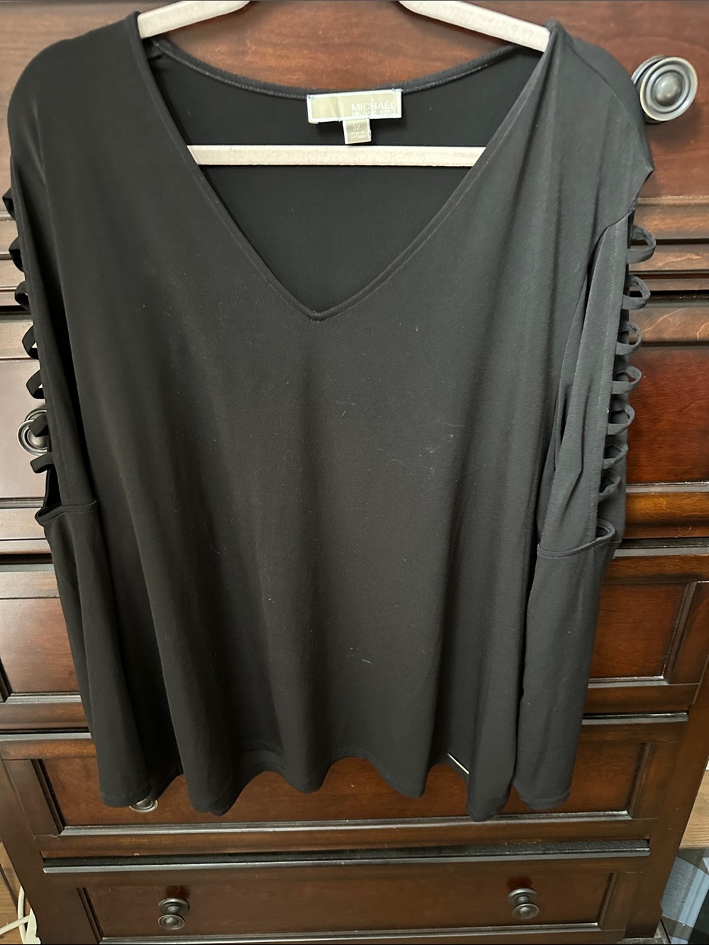 Michael Kors Black V-Neck Long Sleeve Top with Ladder Sleeve Cutouts